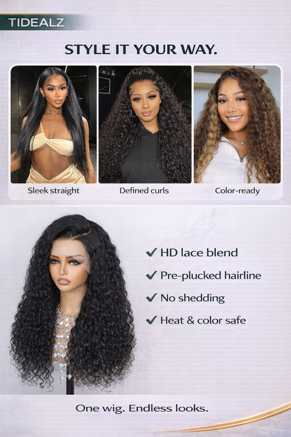 18 Inch Deep Wave Lace Front Wig Human Hair – 13x4 HD Lace Glueless Wig 200% Density (Natural Black) | TiDealz TiDealz