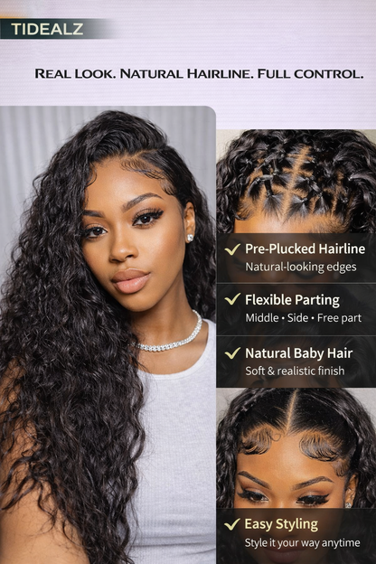 18 Inch Deep Wave Lace Front Wig Human Hair – 13x4 HD Lace Glueless Wig 200% Density (Natural Black) | TiDealz TiDealz