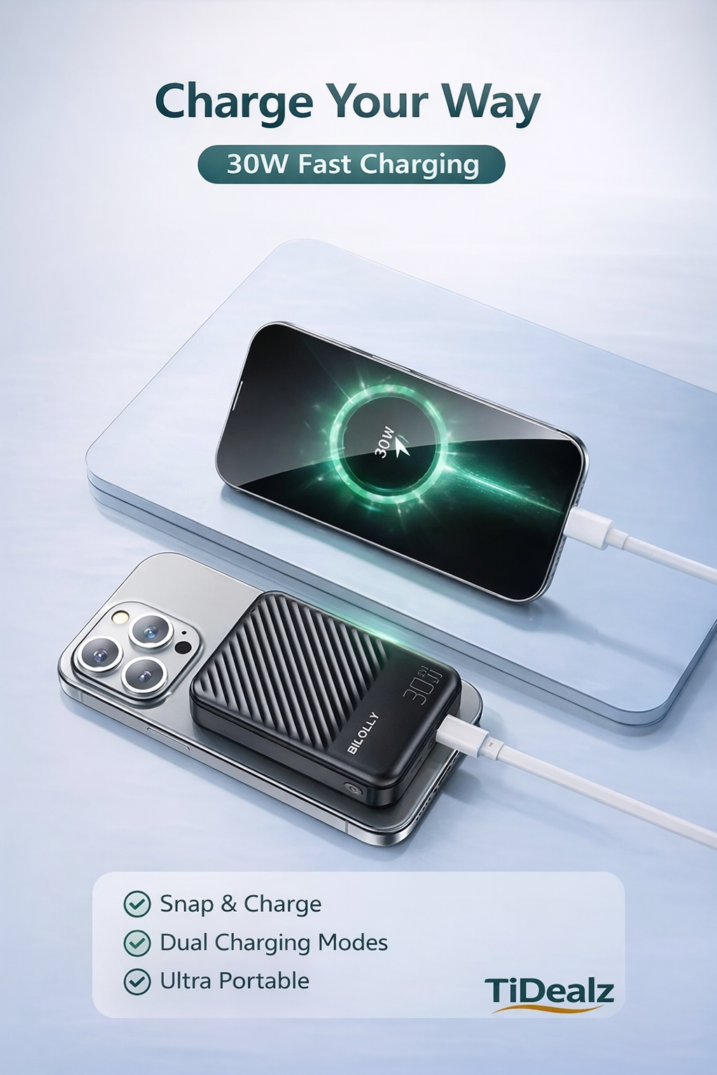 15000mAh Magnetic Power Bank 30W – Fast Charging Wireless Portable Charger USB-C (BILOLLY) | TiDealz TiDealz