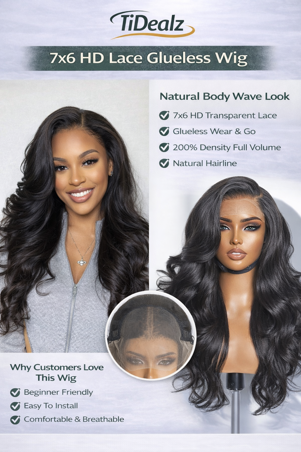 16 Inch Loose Body Wave Glueless Lace Wig Human Hair – 7x6 HD Lace Front Wig 200% Density (Natural Black) | TiDealz TiDealz