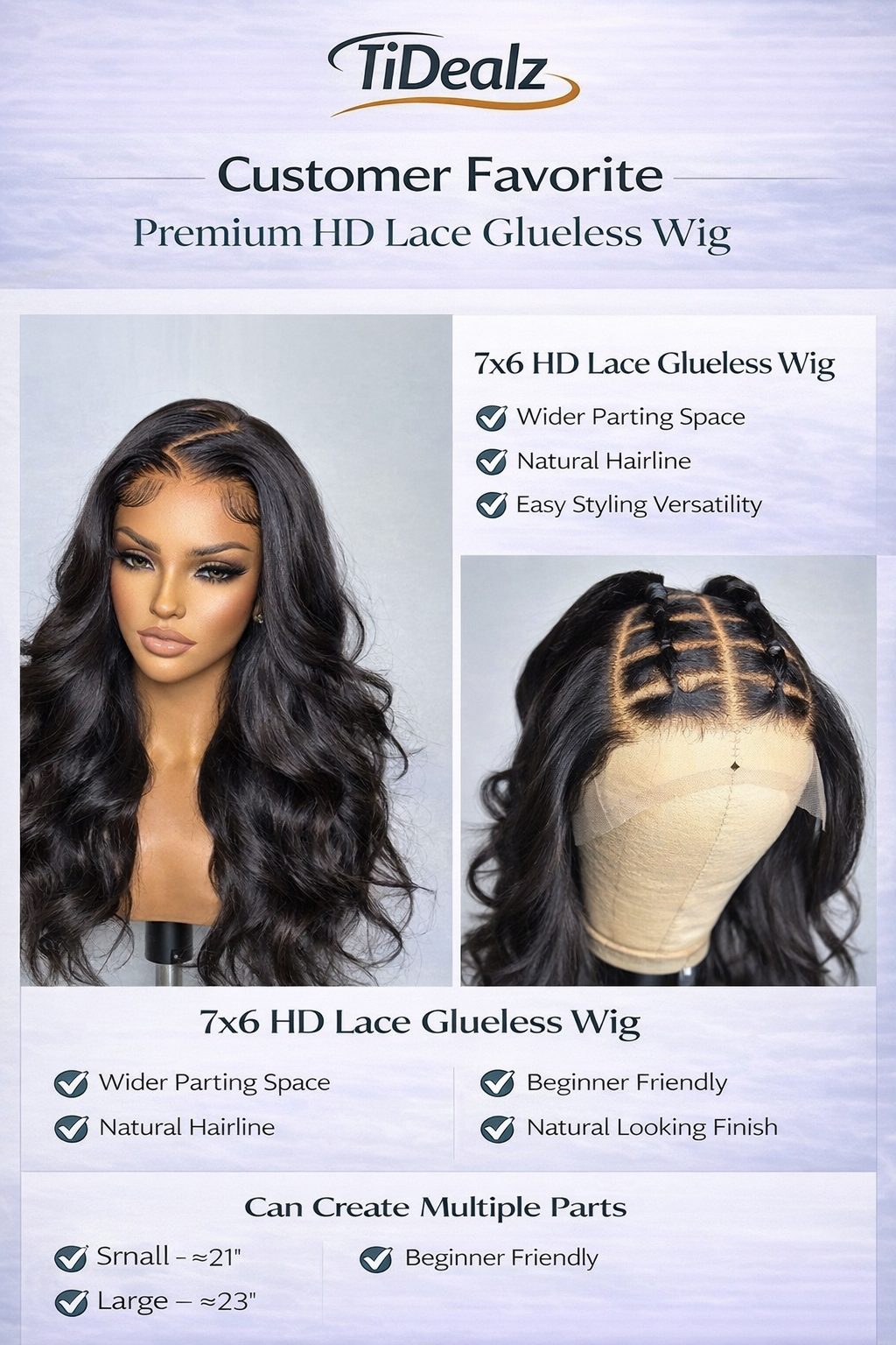 16 Inch Loose Body Wave Glueless Lace Wig Human Hair – 7x6 HD Lace Front Wig 200% Density (Natural Black) | TiDealz TiDealz