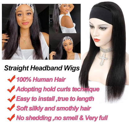 Straight headband wig, 150% density, virgin human hair, glueless, adjustable medium cap, comes with headband and false eyelashes.20 Inches - TiDealz