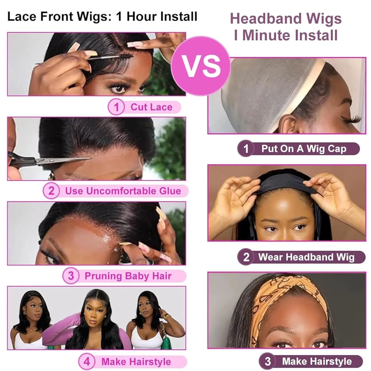 Straight headband wig, 150% density, virgin human hair, glueless, adjustable medium cap, comes with headband and false eyelashes.20 Inches - TiDealz