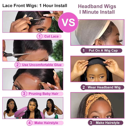 Straight headband wig, 150% density, virgin human hair, glueless, adjustable medium cap, comes with headband and false eyelashes.20 Inches - TiDealz