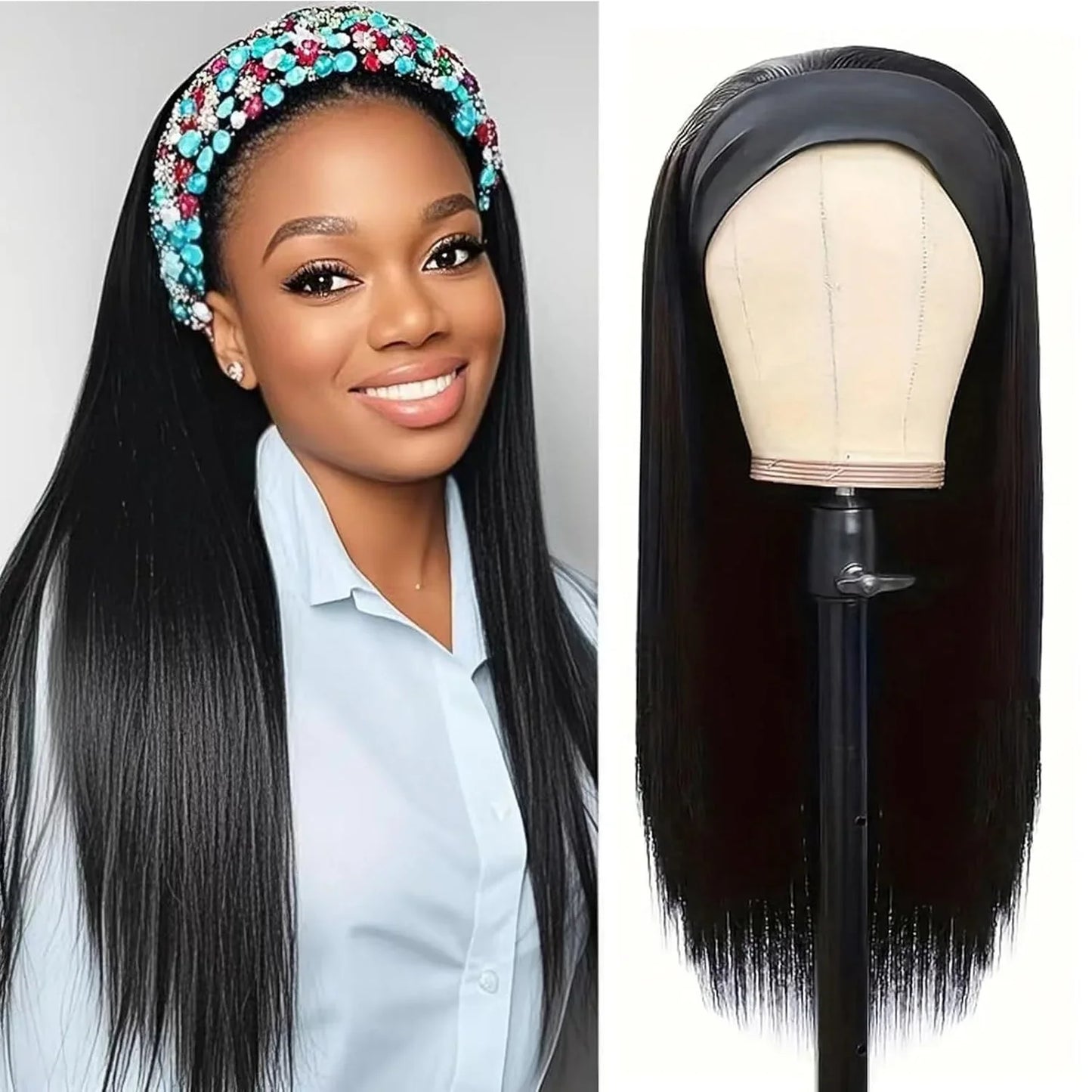 Straight headband wig, 150% density, virgin human hair, glueless, adjustable medium cap, comes with headband and false eyelashes.20 Inches - TiDealz