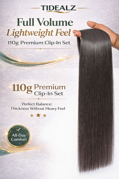 14 Inch Yaki Straight Clip-In Human Hair Extensions – Remy Invisible Clip Ins Natural Black (110g 6pcs) | TiDealz TiDealz