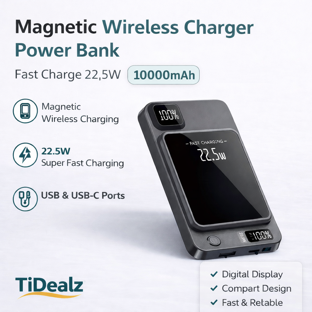 10000mAh Magnetic Power Bank – 22.5W Fast Charging Wireless Portable Charger USB-C | TiDealz TiDealz