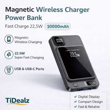 10000mAh Magnetic Power Bank – 22.5W Fast Charging Wireless Portable Charger USB-C | TiDealz TiDealz