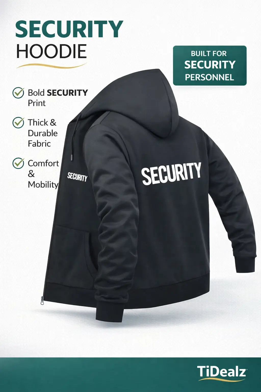 Men’s SECURITY Hooded Jacket Black Zip Hoodie Tactical Style Polyester Blend | TiDealz TiDealz