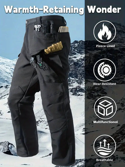 Men's Heavy-Duty Winter Thermal Cargo Pants – Multi-Pocket Outdoor Workwear Trousers with Belt Loops & Zippered Pockets