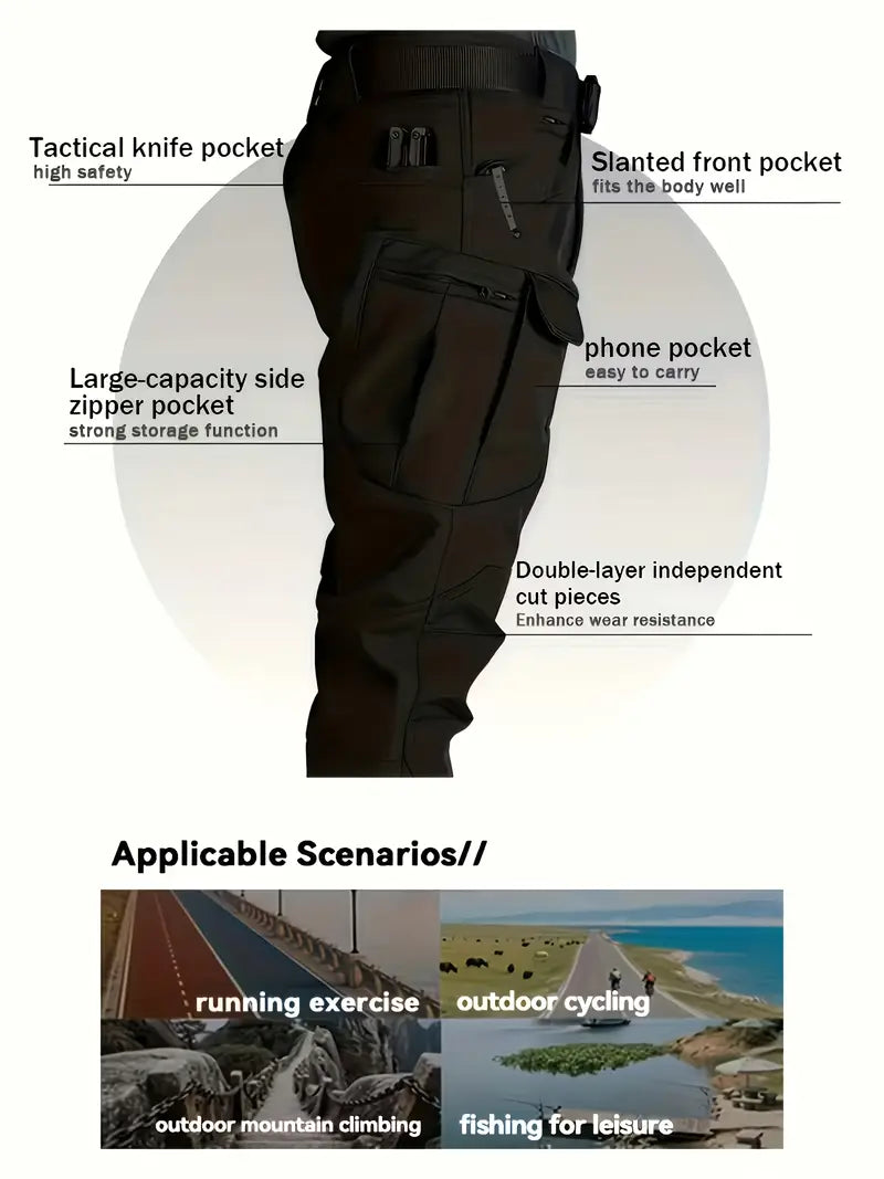 Men's Heavy-Duty Winter Thermal Cargo Pants – Multi-Pocket Outdoor Workwear Trousers with Belt Loops & Zippered Pockets