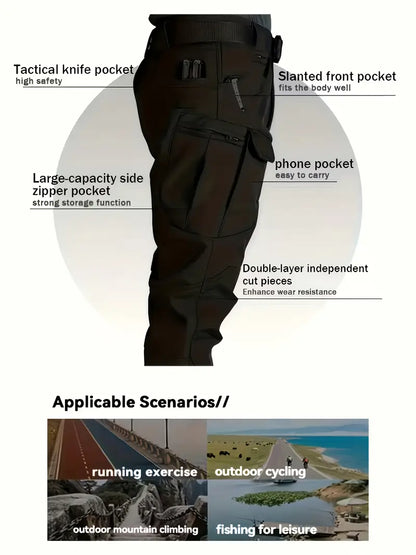 Men's Heavy-Duty Winter Thermal Cargo Pants – Multi-Pocket Outdoor Workwear Trousers with Belt Loops & Zippered Pockets