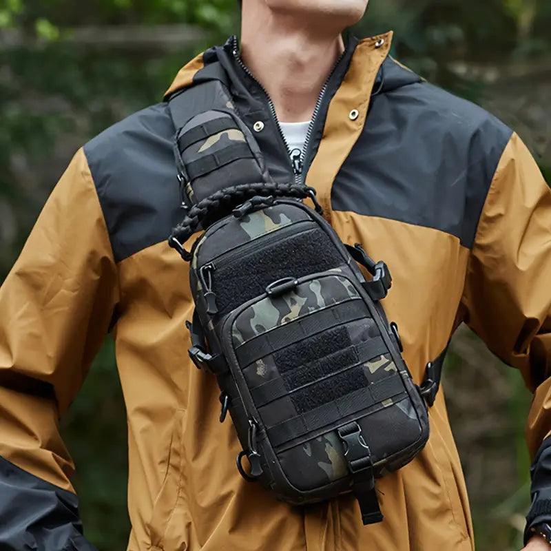 Multi-Functional Outdoor Sports Chest Bag – Durable Tear-Resistant Polyester with Multiple Pockets & 2 American Flag Patches