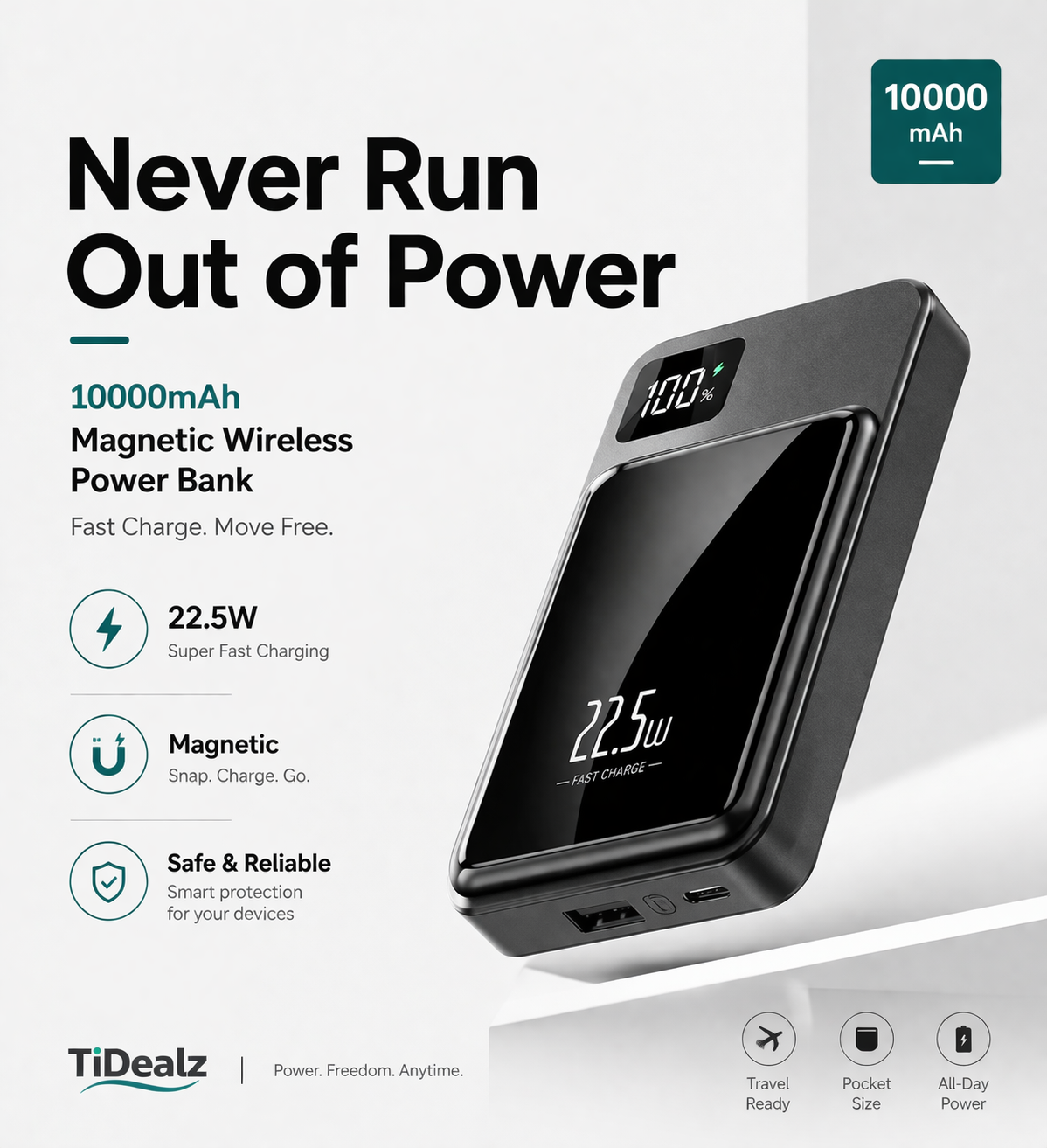 10000mAh Magnetic Power Bank – 22.5W Fast Charging Wireless Portable Charger USB-C | TiDealz TiDealz