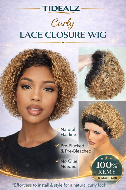 Short Curly Pixie Cut Lace Front Wig Human Hair – 13x1 Glueless Ombre Brown Wig (Pre-Plucked HD Lace) | TiDealz TiDealz