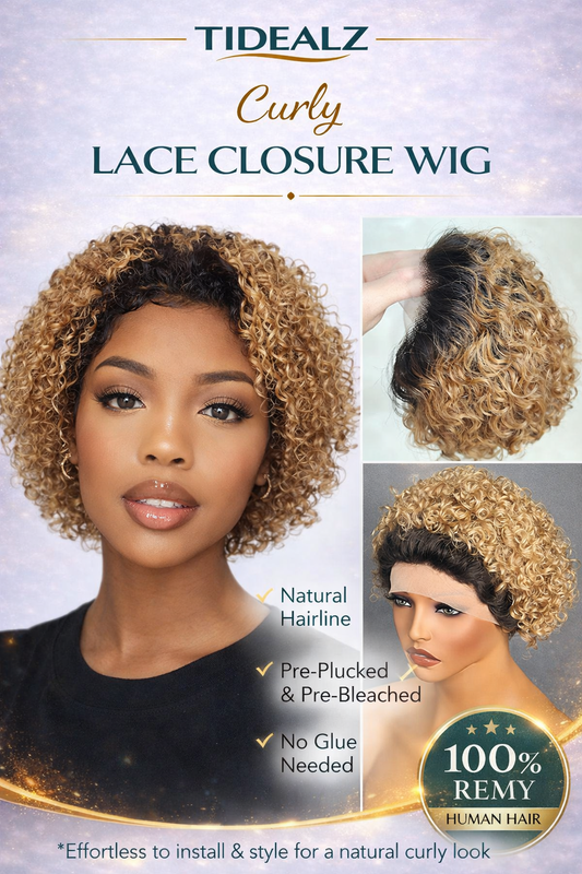 Short Curly Pixie Cut Lace Front Wig Human Hair – 13x1 Glueless Ombre Brown Wig (Pre-Plucked HD Lace) | TiDealz TiDealz