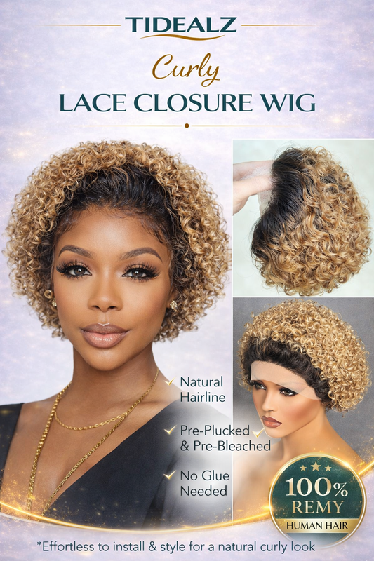 Short Curly Pixie Cut Lace Front Wig Human Hair – 13x1 Glueless Ombre Brown Wig (Pre-Plucked HD Lace) | TiDealz TiDealz