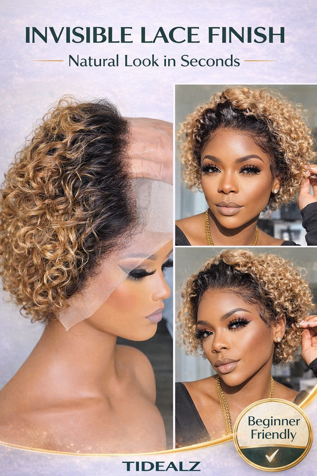 Short Curly Pixie Cut Lace Front Wig Human Hair – 13x1 Glueless Ombre Brown Wig (Pre-Plucked HD Lace) | TiDealz TiDealz