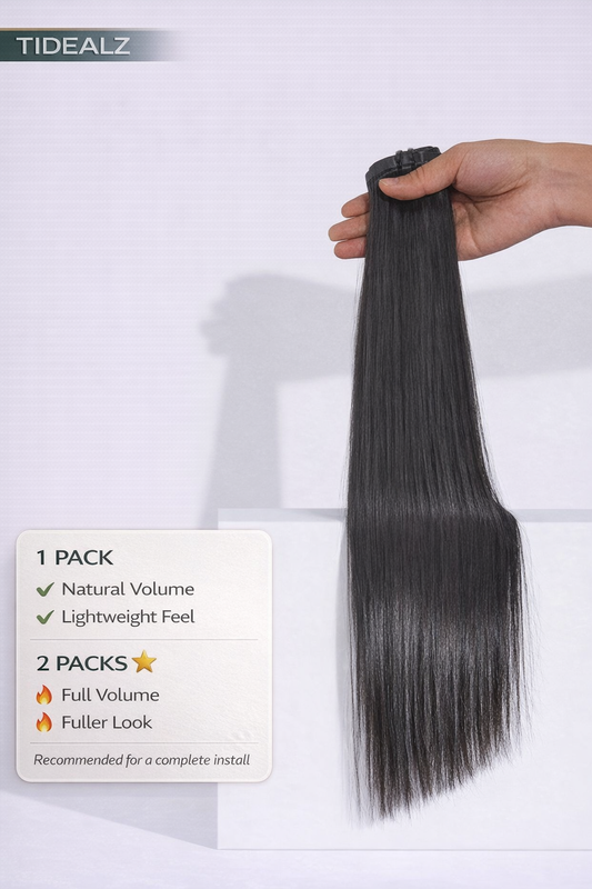 14 Inch Silky Straight Clip-In HACuman Hair Extensions – Remy Seamless PU Weft Natural Black (110g 6pcs) | TiDealz TiDealz