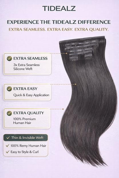 14 Inch Silky Straight Clip-In HACuman Hair Extensions – Remy Seamless PU Weft Natural Black (110g 6pcs) | TiDealz TiDealz