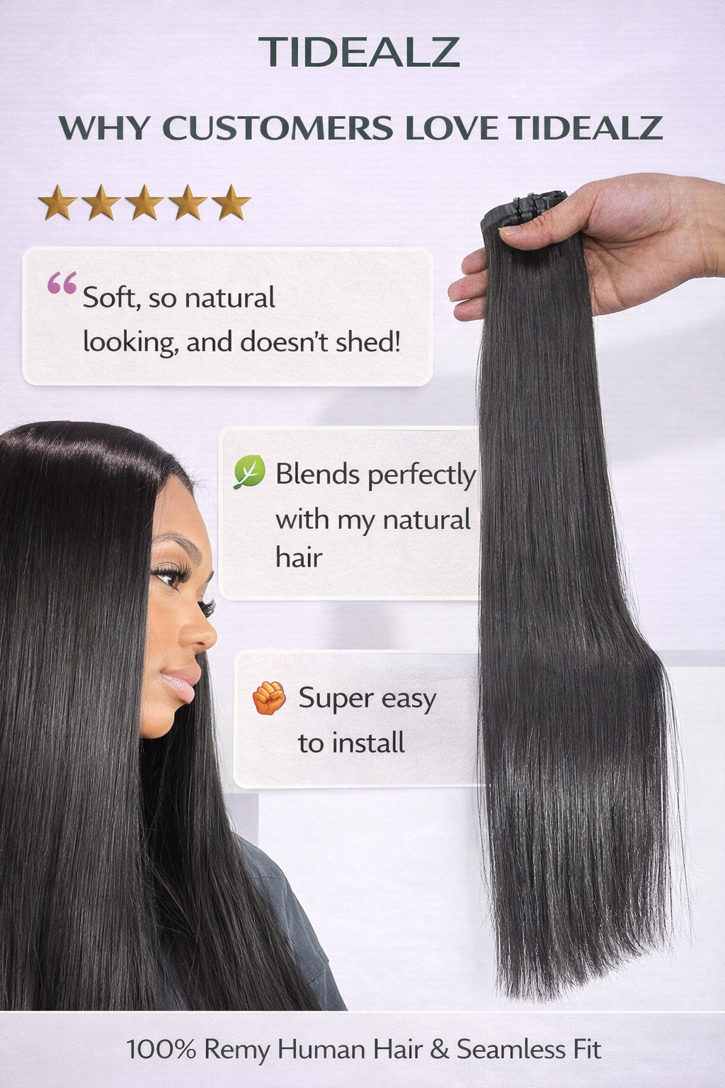 14 Inch Silky Straight Clip-In HACuman Hair Extensions – Remy Seamless PU Weft Natural Black (110g 6pcs) | TiDealz TiDealz