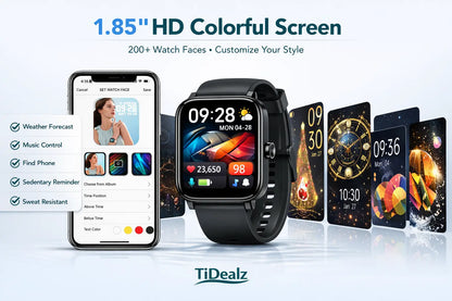 Smartwatch Bluetooth Call 1.85'' HD Fitness Tracker 120+ Sports Modes IP68 Android iPhone Black | TiDealz TiDealz