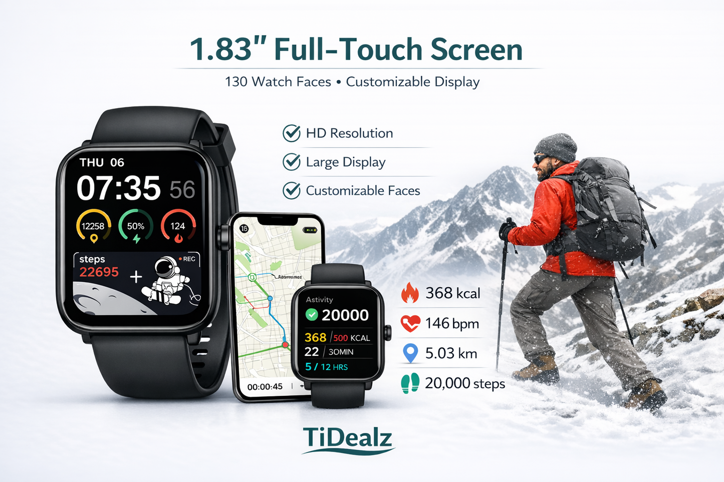 Smartwatch Alexa Built-in Bluetooth Call 1.83'' HD Fitness Tracker 120+ Sports Modes IP68 Black | TiDealz TiDealz