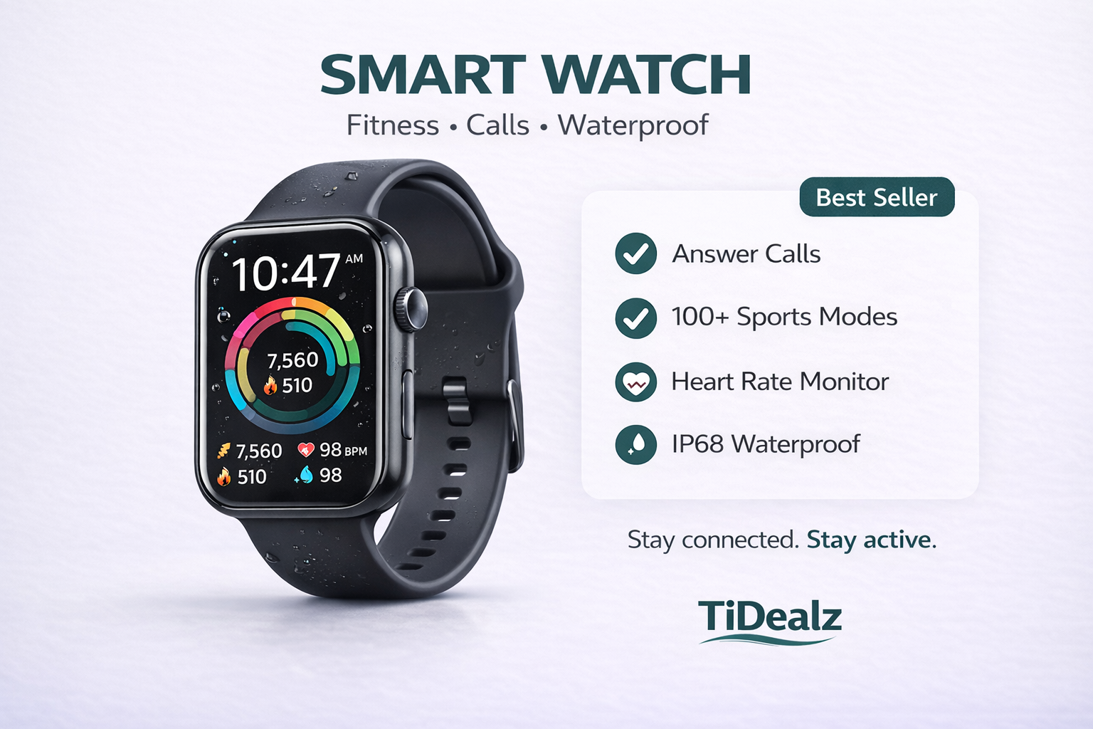 Smartwatch Bluetooth Call 1.91'' HD Fitness Tracker 100+ Sports Modes IP68 Android iPhone Black | TiDealz Btootos