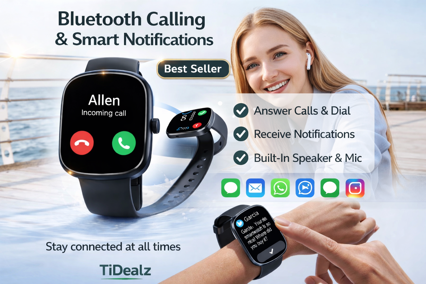 Smartwatch Bluetooth Call 1.91'' HD Fitness Tracker 100+ Sports Modes IP68 Android iPhone Black | TiDealz Btootos