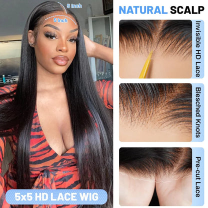 22 Inches 5x5 glueless lace closure wig, 200% density, Brazilian virgin hair, adjustable cap, pre-plucked, baby hair. Quick and natural application. - TiDealz