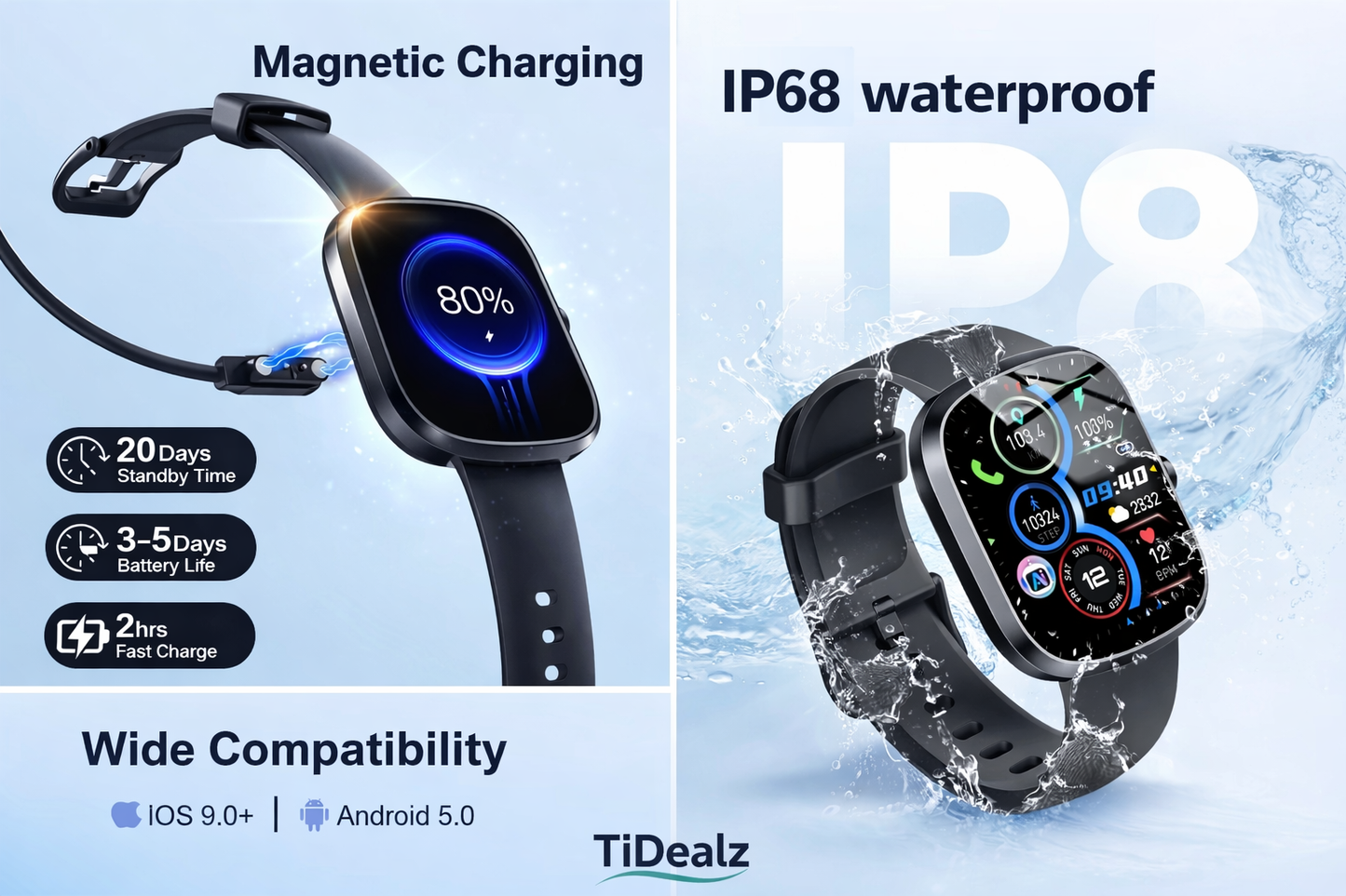 Smartwatch Bluetooth Call 1.91'' HD Fitness Tracker 100+ Sports Modes IP68 Android iPhone Black | TiDealz Btootos