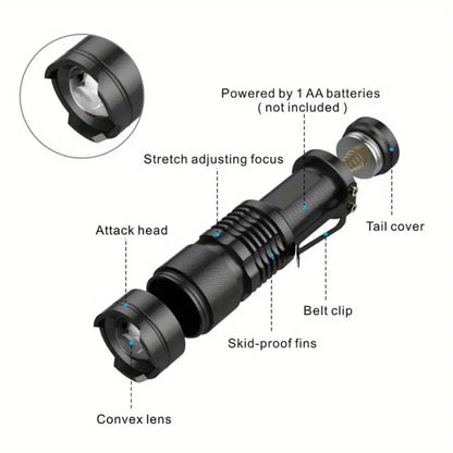 Tactical LED Flashlight – Zoomable Beam, 3 Modes (Low/High/Strobe), Aluminum Alloy Compact Flashlight with Belt Clip