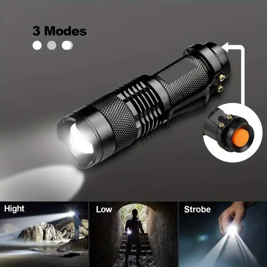 Tactical LED Flashlight – Zoomable Beam, 3 Modes (Low/High/Strobe), Aluminum Alloy Compact Flashlight with Belt Clip