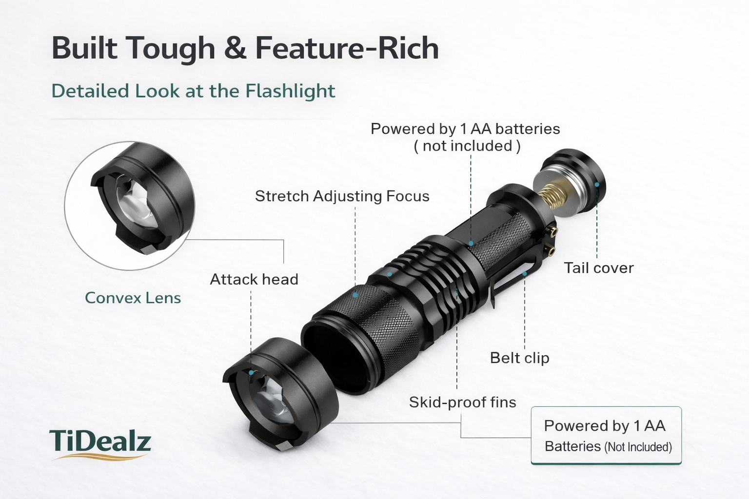 Tactical LED Flashlight – Zoomable Beam, 3 Tactical LED Flashlight Aluminum – Zoomable Beam 3 Modes Portable Outdoor Light | TiDealzModes (Low/High/Strobe), Aluminum Alloy Compact Flashlight with Belt Clip TiDealz