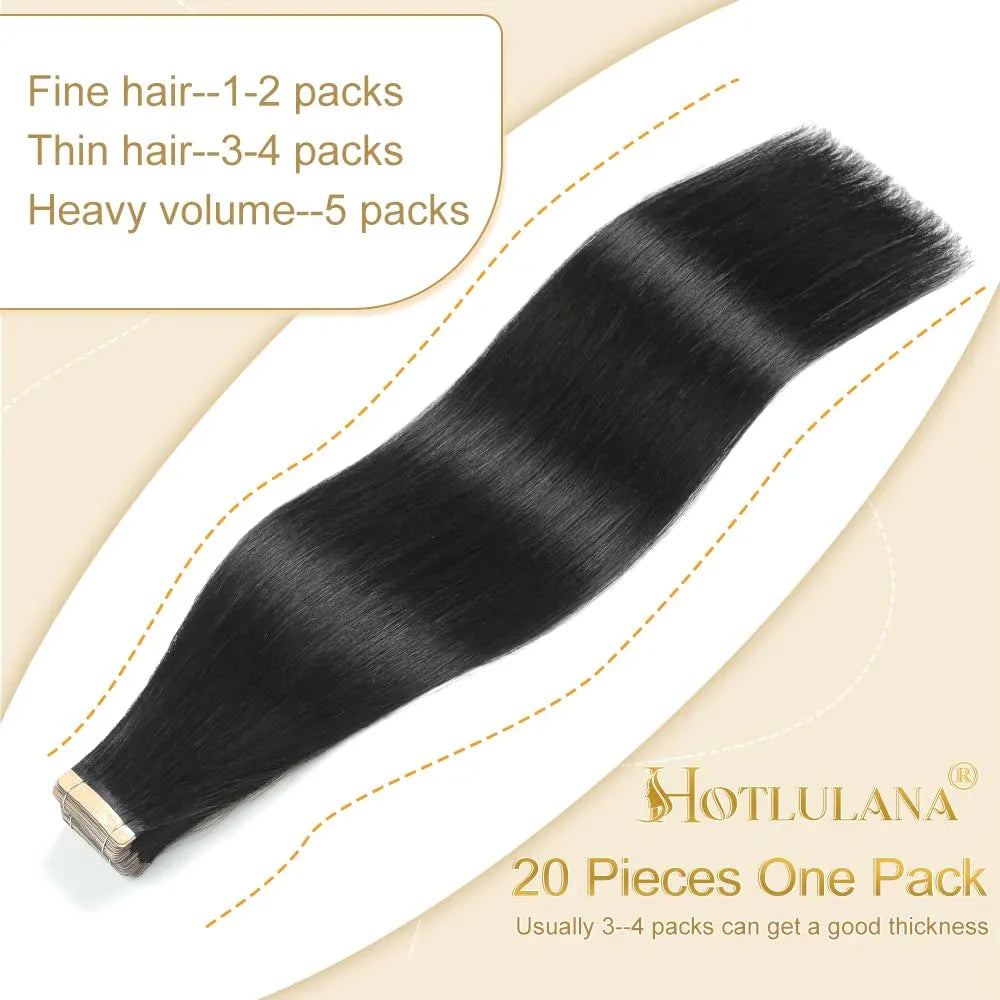 Tape-in extensions 18 inches, 20 pieces, Remy human hair, jet black, hypoallergenic, invisible, natural look, easy to apply. - TiDealz