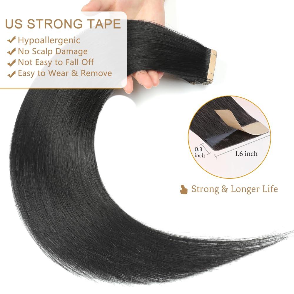 Tape-in extensions 18 inches, 20 pieces, Remy human hair, jet black, hypoallergenic, invisible, natural look, easy to apply. - TiDealz
