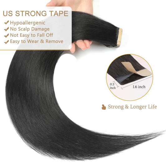 Tape-in extensions 18 inches, 20 pieces, Remy human hair, jet black, hypoallergenic, invisible, natural look, easy to apply. - TiDealz