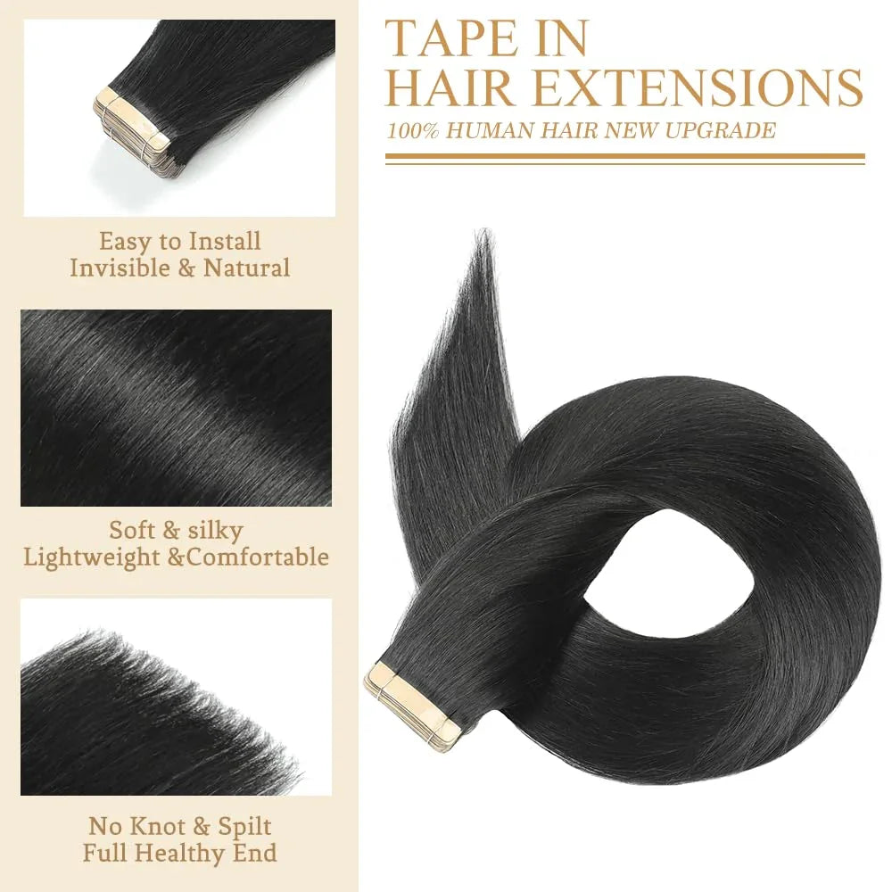 Tape-in extensions 18 inches, 20 pieces, Remy human hair, jet black, hypoallergenic, invisible, natural look, easy to apply. - TiDealz