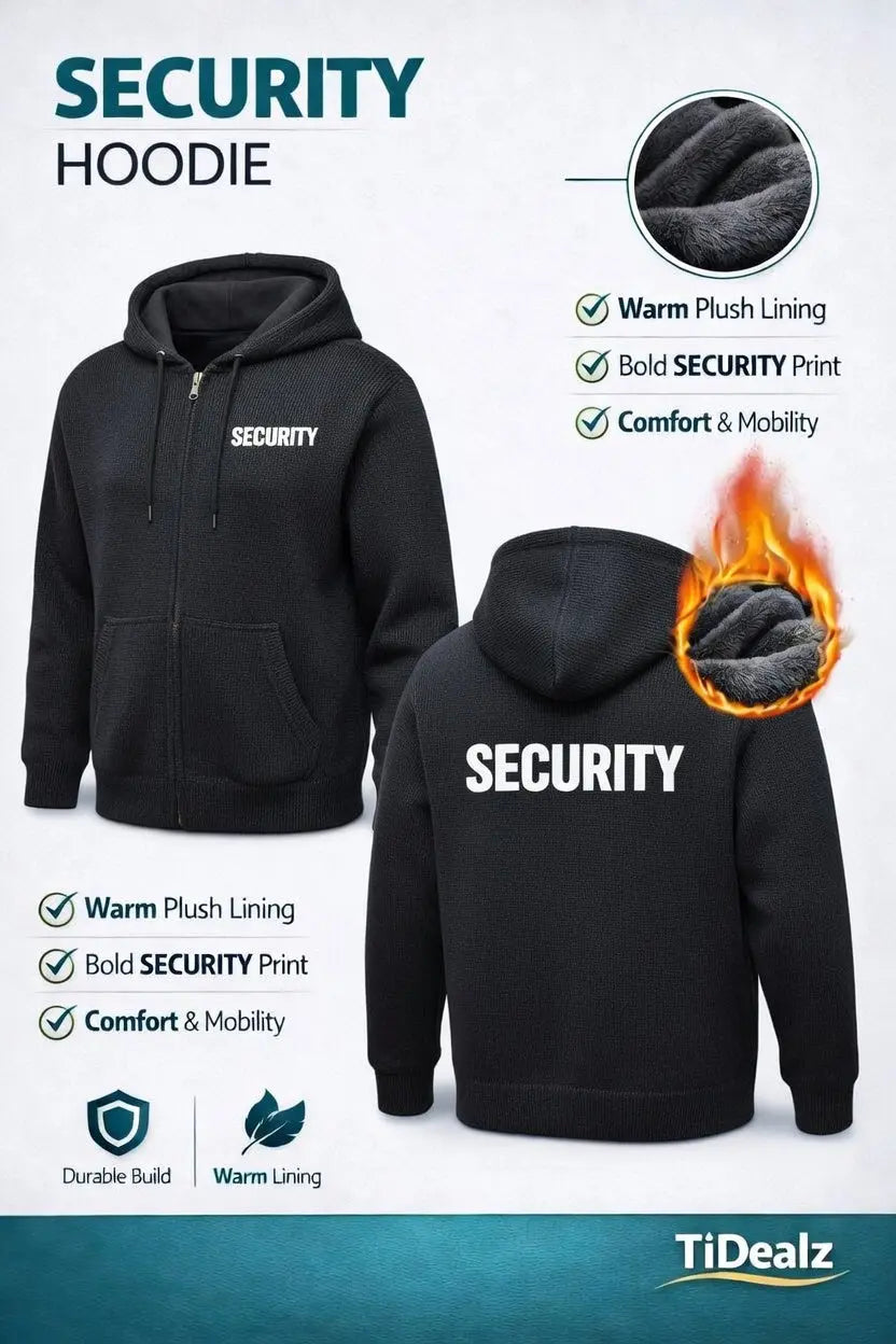 Men’s Thermal SECURITY Hooded Jacket Winter Coat Full Zip Warm Polyester Blend Black | TiDealz TiDealz