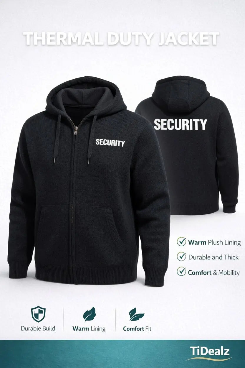 Men’s Thermal SECURITY Hooded Jacket Winter Coat Full Zip Warm Polyester Blend Black | TiDealz TiDealz