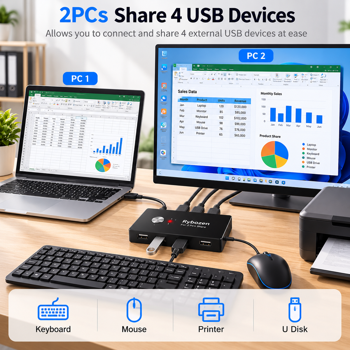 USB Switch for 2 Computers Sharing 4 USB Devices – 2 In 4 Out