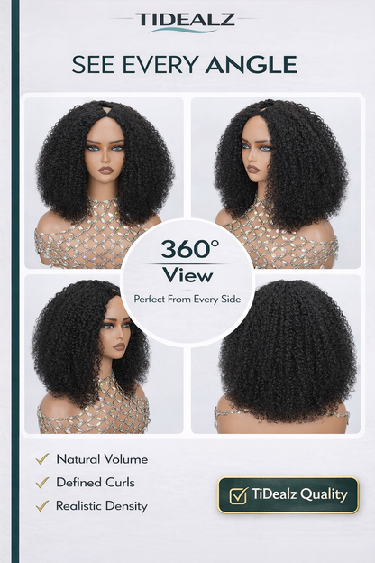 18 Inch Kinky Curly V Part Wig Human Hair – Afro Curly No Glue Wig 200% Density (Natural Black) | TiDealz TiDealz
