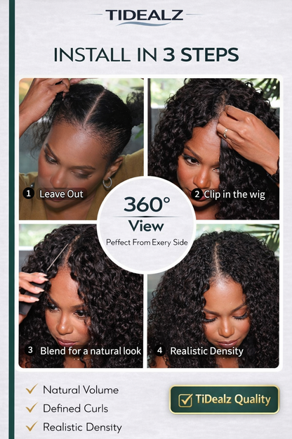 18 Inch Kinky Curly V Part Wig Human Hair – Afro Curly No Glue Wig 200% Density (Natural Black) | TiDealz TiDealz