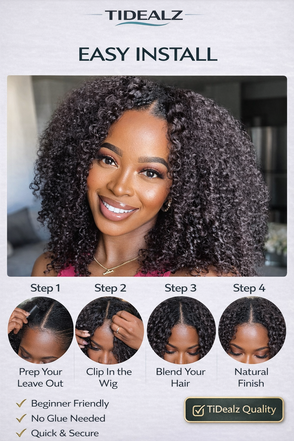 18 Inch Kinky Curly V Part Wig Human Hair – Afro Curly No Glue Wig 200% Density (Natural Black) | TiDealz TiDealz