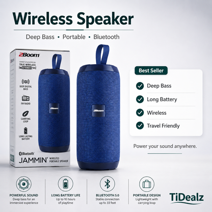2Boom Jammin Wireless Portable Speaker Bluetooth 5.3 Deep Bass | TiDealz