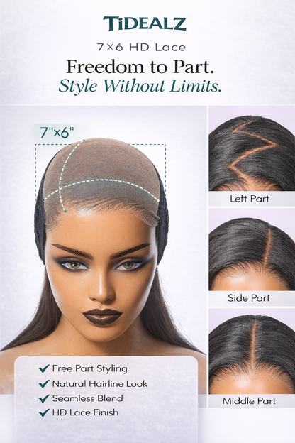 14 Inch Yaki Straight Glueless Lace Front Wig Human Hair – 7x6 HD Lace Wig 200% Density (Natural Black) | TiDealz TiDealz