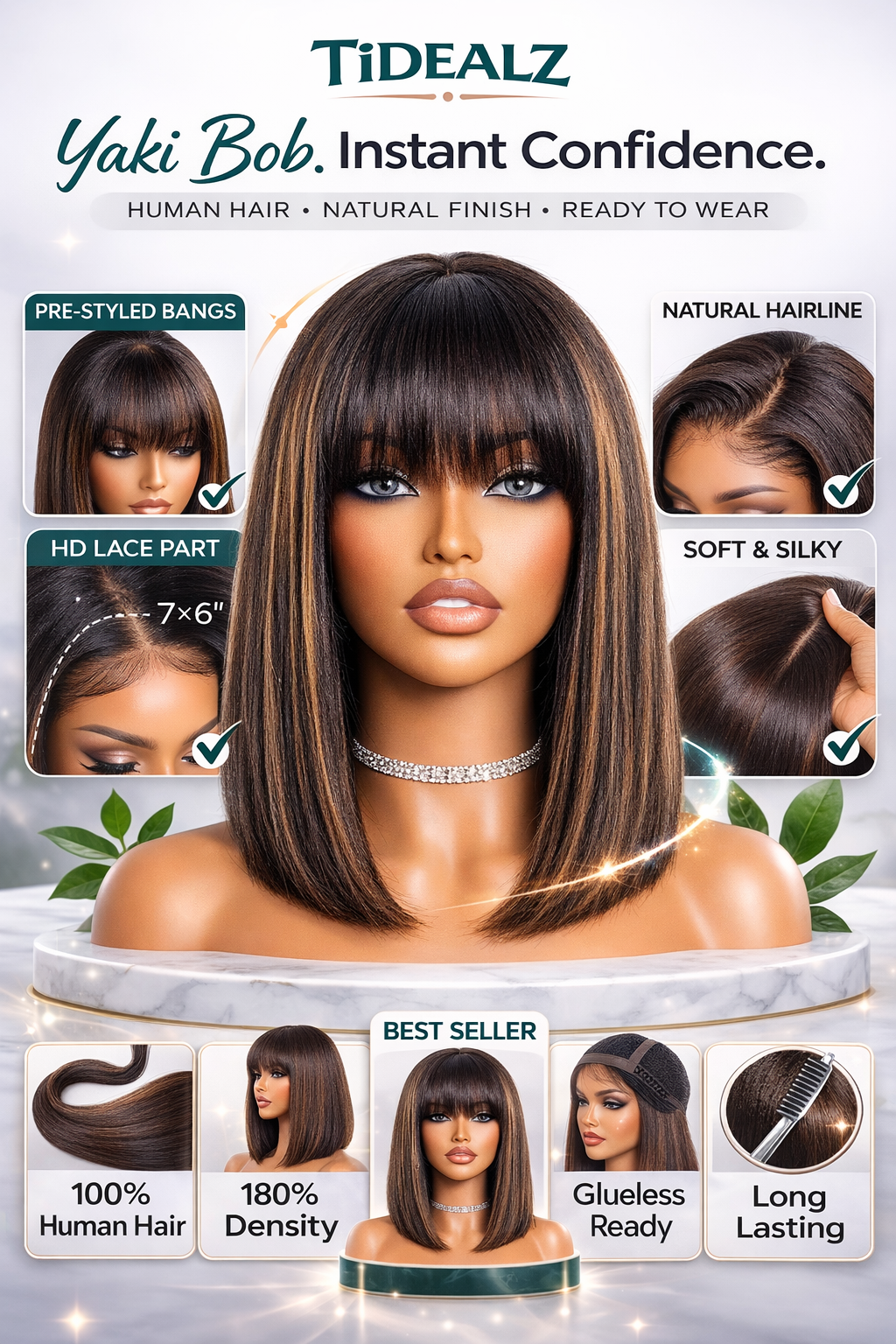 10 Inch Yaki Straight Bob Wig with Bangs – Glueless Human Hair Wig Brown Highlights 180% Density | TiDealz TiDealz