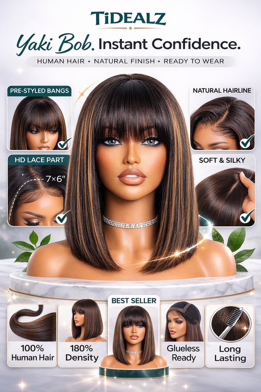 10 Inch Yaki Straight Bob Wig with Bangs – Glueless Human Hair Wig Brown Highlights 180% Density | TiDealz TiDealz