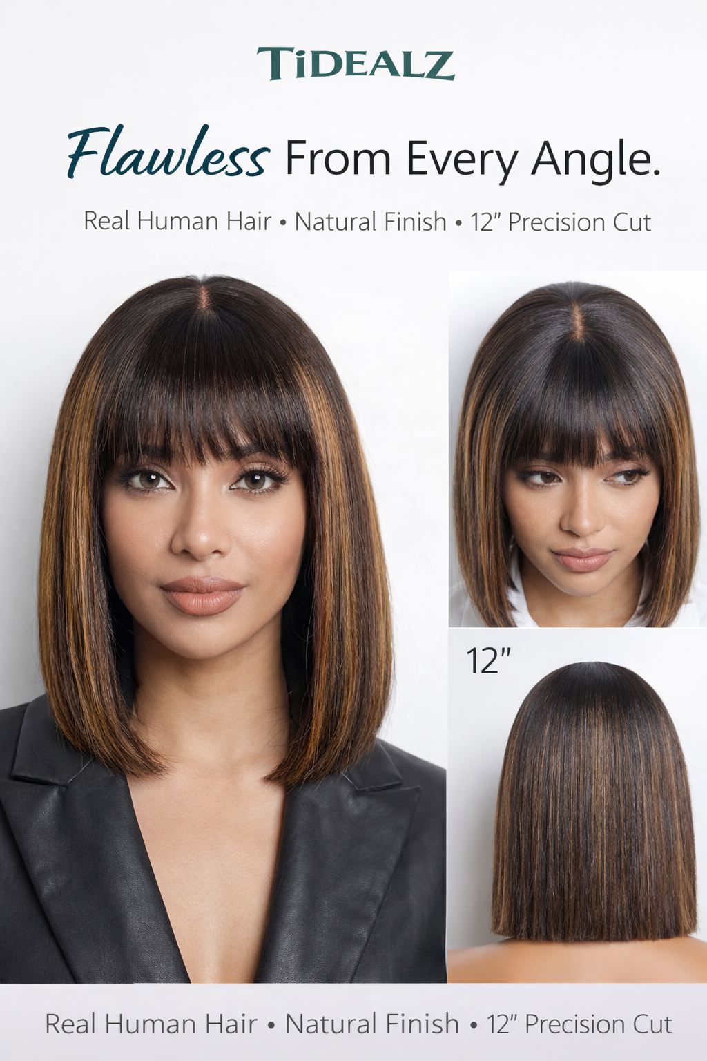 10 Inch Yaki Straight Bob Wig with Bangs – Glueless Human Hair Wig Brown Highlights 180% Density | TiDealz TiDealz