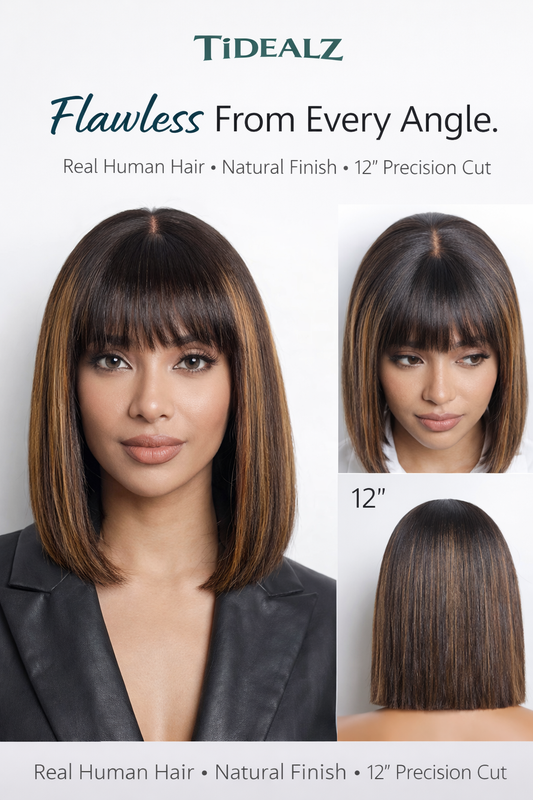 10 Inch Yaki Straight Bob Wig with Bangs – Glueless Human Hair Wig Brown Highlights 180% Density | TiDealz TiDealz